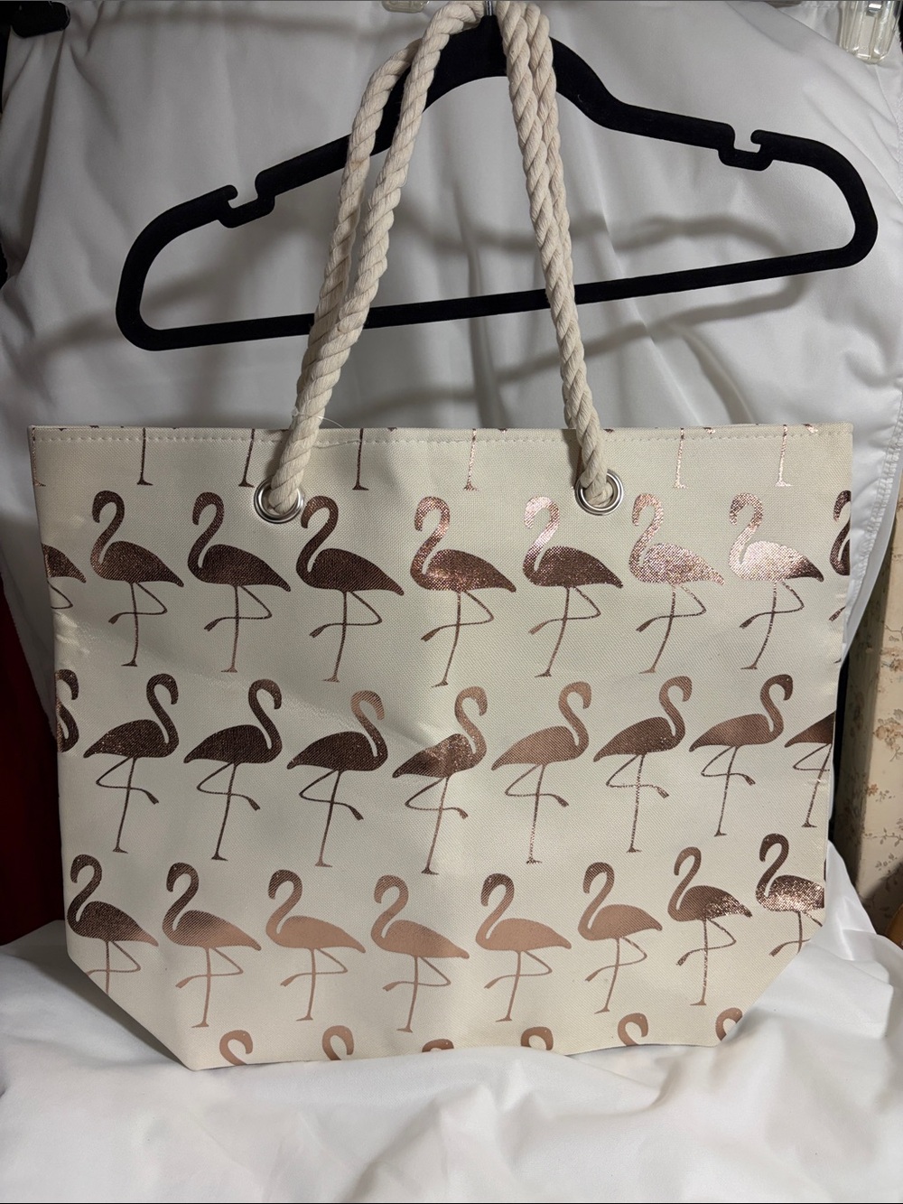 Flamingo Print Cream Tote with Rose Gold Accents